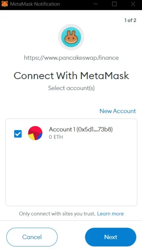 Yhdistä MetaMask Pancakeswapiin.